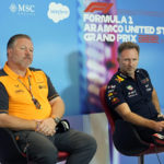 
              McLaren CEO Zak Brown, left, and Red Bull team principal Christian Horner, right, take part in a news conference at the Formula One U.S. Grand Prix auto race at Circuit of the Americas, Saturday, Oct. 22, 2022, in Austin, Texas. (AP Photo/Eric Gay)
            