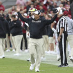 
              South Carolina head coach Shane Beamer raises his hands after a missed pass interference call during the first half of an NCAA college football game against Missouri, Saturday, Oct. 29, 2022, in Columbia, S.C. (AP Photo/Artie Walker Jr.)
            