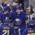 
              Buffalo Sabres right wing Tage Thompson (72) celebrates his goal with teammates during the third period of an NHL hockey game against the Chicago Blackhawks, Saturday, Oct. 29, 2022, in Buffalo, N.Y. (AP Photo/Jeffrey T. Barnes)
            