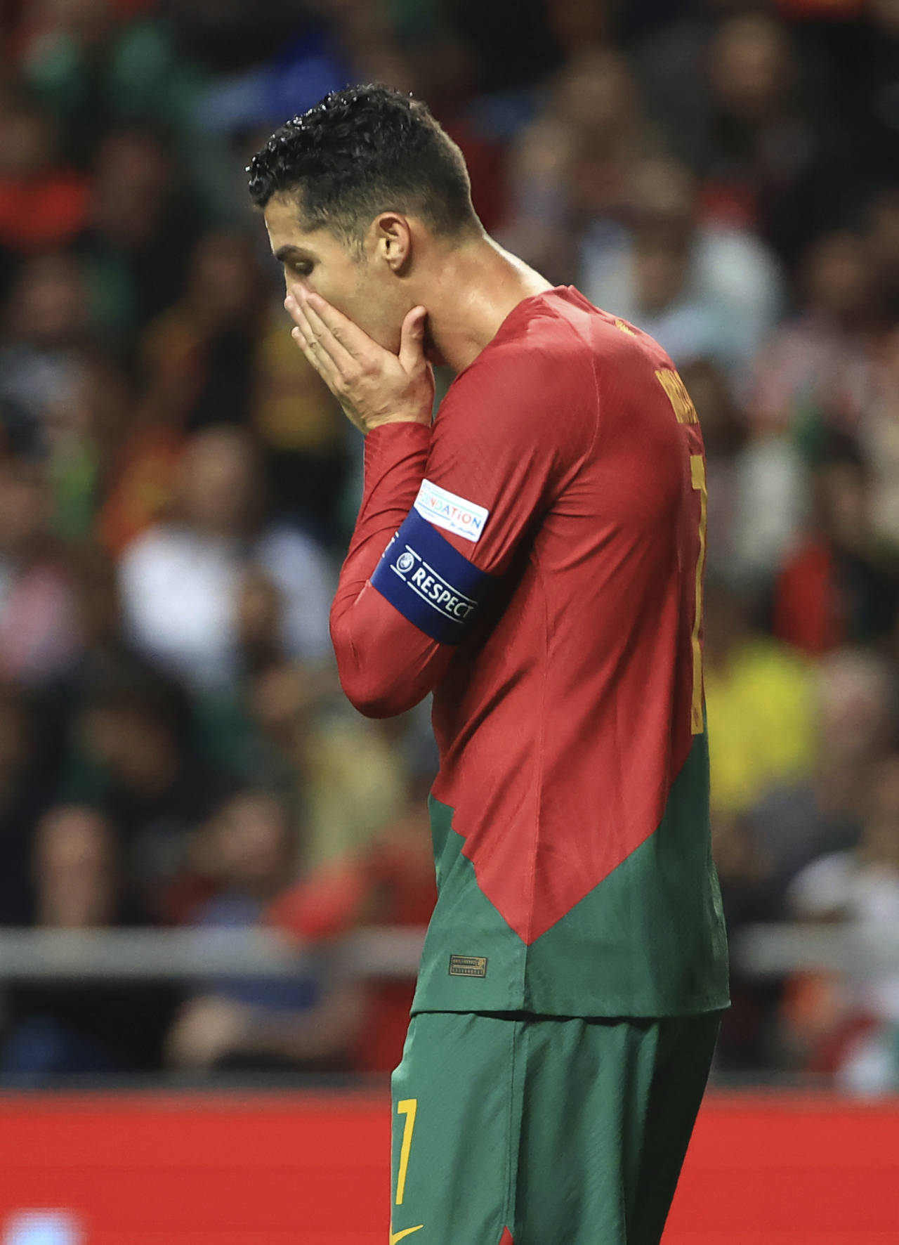 Portugal's Cristiano Ronaldo gestures after missing a scoring chance during the UEFA Nations League...