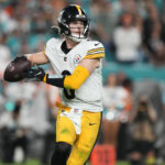 
              Pittsburgh Steelers quarterback Kenny Pickett (8) aims a pass during the second half of an NFL football game against the Miami Dolphins, Sunday, Oct. 23, 2022, in Miami Gardens, Fla. (AP Photo/Rebecca Blackwell)
            