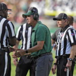 
              Tulane head coach Willie Fritz talks to the officials after a play against South Florida during the first half of an NCAA college football game Saturday, Oct. 15, 2022, in Tampa, Fla. (AP Photo/Chris O'Meara)
            