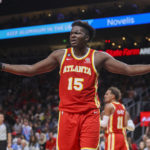 
              Atlanta Hawks center Clint Capela (15) reacts to a call in the second half of a NBA basketball game against the Charlotte Hornets Sunday, Oct. 23, 2022 in Atlanta. (AP Photo/Brett Davis)
            
