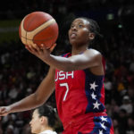 
              United States' Ariel Atkins lays up to shoot for goal against China during their gold medal game at the women's Basketball World Cup in Sydney, Australia, Saturday, Oct. 1, 2022. (AP Photo/Mark Baker)
            