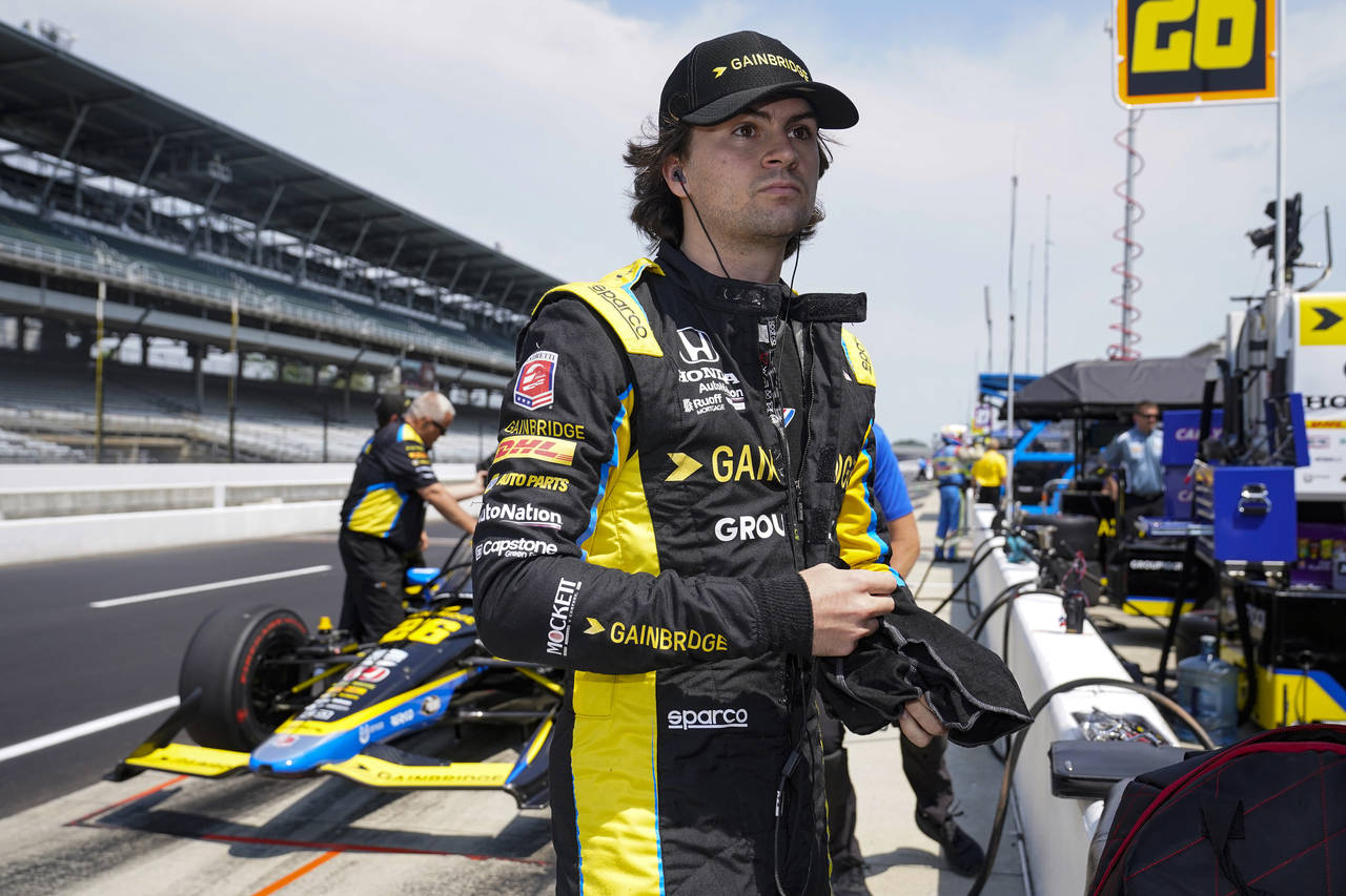 FILE - Colton Herta prepares to drive during practice for the IndyCar auto race at Indianapolis Mot...