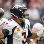 
              Denver Broncos quarterback Russell Wilson (3) throws the ball during the NFL football game between Denver Broncos and Jacksonville Jaguars at Wembley Stadium London, Sunday, Oct. 30, 2022. (AP Photo/Kirsty Wigglesworth)
            
