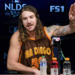 
              San Diego Padres pitcher Mike Clevinger speaks during a news conference Monday, Oct. 10, 2022, in Los Angeles for the National League division series against the Los Angeles Dodgers. (AP Photo/Mark J. Terrill)
            