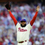 
              Philadelphia Phillies relief pitcher Jose Alvarado (46) acknowledges the fans after being relieved during the seventh inning in Game 4 of baseball's National League Division Series between the Philadelphia Phillies and the Atlanta Braves, Saturday, Oct. 15, 2022, in Philadelphia. (AP Photo/Matt Rourke)
            