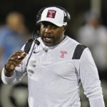 
              Temple coach Stan Drayton paces the sideline during the first half of the team's NCAA college football game against Central Florida, Thursday, Oct. 13, 2022, in Orlando, Fla. (AP Photo/John Raoux)
            