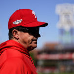 
              Philadelphia Phillies manager Rob Thomson watches his players during batting practice before Game 3 of baseball's National League Division Series against the Atlanta Braves, Friday, Oct. 14, 2022, in Philadelphia. (AP Photo/Matt Slocum)
            