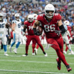 
              Arizona Cardinals tight end Zach Ertz runs for a touchdown against the Carolina Panthers during the second half of an NFL football game on Sunday, Oct. 2, 2022, in Charlotte, N.C. (AP Photo/Jacob Kupferman)
            