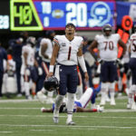 
              Chicago Bears quarterback Justin Fields (1) reacts at the end of the game against the New York Giants during an NFL football game Sunday, Oct. 2, 2022, in East Rutherford, N.J. (AP Photo/Adam Hunger)
            