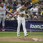
              San Diego Padres starting pitcher Yu Darvish wipes his face wipes his during the seventh inning in Game 1 of the baseball NL Championship Series between the San Diego Padres and the Philadelphia Phillies on Tuesday, Oct. 18, 2022, in San Diego. (AP Photo/Ashley Landis)
            