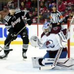 
              Colorado Avalanche goaltender Pavel Francouz (39) makes a save during the first period of an NHL hockey game against the New Jersey Devils, Friday, Oct. 28, 2022, in Newark, N.J. (AP Photo/Julia Nikhinson)
            