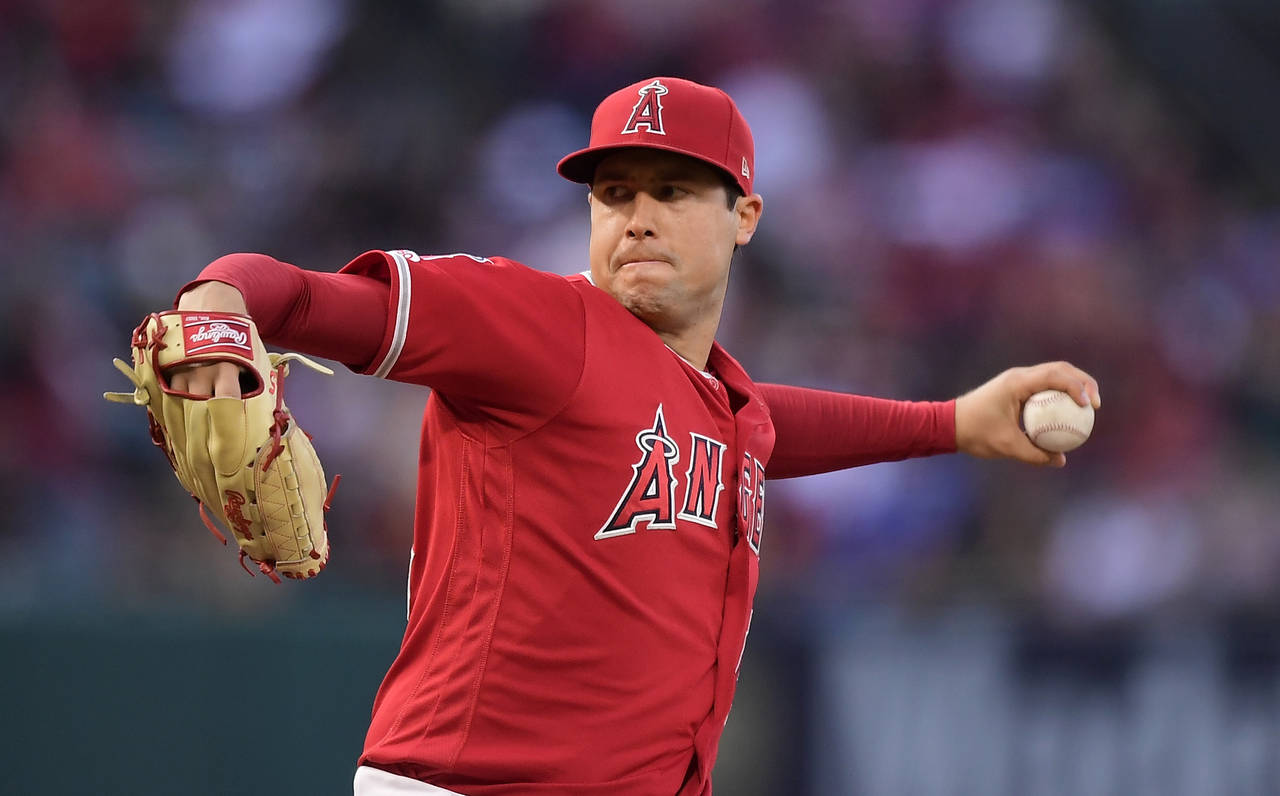 FILE - Los Angeles Angels starting pitcher Tyler Skaggs throws during the first inning of a basebal...