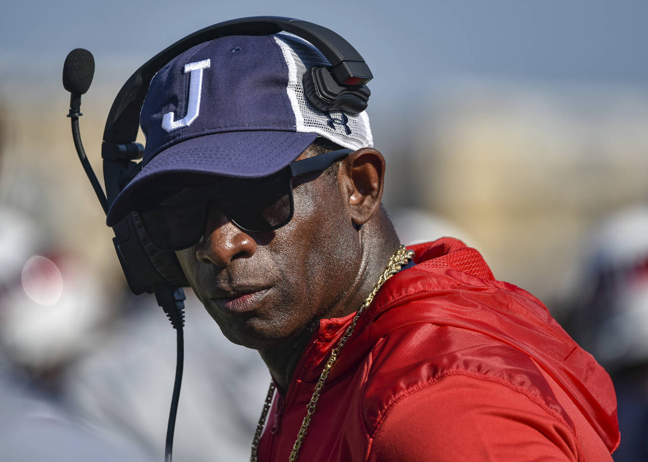 Jackson State head coach Deion Sanders looks on during an NCAA college football game against Missis...