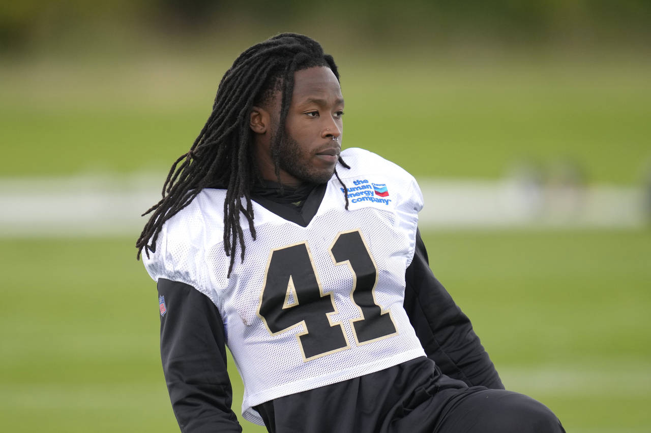 New Orleans Saints running back Alvin Kamara looks on during an NFL practice session at the London ...