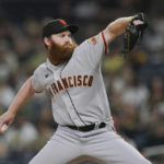 
              San Francisco Giants starting pitcher John Brebbia works against a San Diego Padres batter during the first inning of a baseball game Monday, Oct. 3, 2022, in San Diego. (AP Photo/Gregory Bull)
            