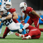 
              Carolina Panthers running back Christian McCaffrey is tackled by Arizona Cardinals linebacker Ben Niemann during the first half of an NFL football game on Sunday, Oct. 2, 2022, in Charlotte, N.C. (AP Photo/Rusty Jones)
            