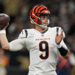 
              Cincinnati Bengals quarterback Joe Burrow (9) looks to pass against the New Orleans Saints during the first half of an NFL football game in New Orleans, Sunday, Oct. 16, 2022. (AP Photo/Gerald Herbert)
            