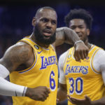 
              Los Angeles Lakers forward LeBron James (6) argues briefly with on official during the first quarter of the team's preseason NBA basketball game against the Sacramento Kings in Sacramento, Calif., Friday, Oct. 14, 2022. (AP Photo/Randall Benton)
            