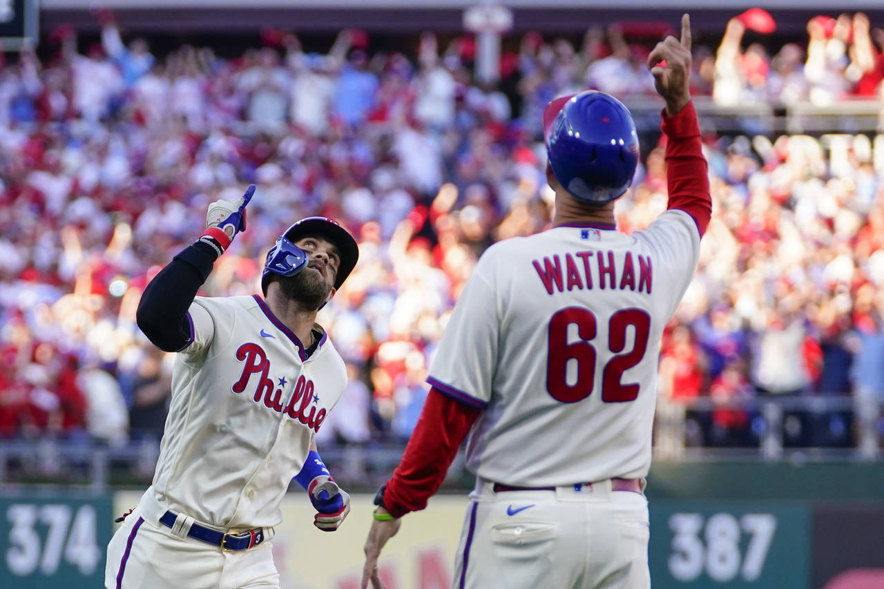 Philadelphia Phillies designated hitter Bryce Harper (3) runs the bases after his solo homer during...