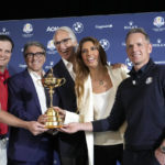 
              From left, United States Captain Zach Johnson, Ryder Cup local organizer chief Gian Paolo Montali, President of the Italian National Olympic Committee, Giovanni Malago, President of Marco Simone Golf Club Lavinia Biagiotti Cigna and European Captain Luke Donald pose with the Ryder Cup trophy after a press conference on the occasion of The Year to Go event in Rome, Tuesday, Oct. 4, 2022. (AP Photo/Alessandra Tarantino)
            