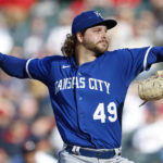 
              Kansas City Royals starting pitcher Jonathan Heasley delivers against the Cleveland Guardians during the first inning of a baseball game, Wednesday, Oct. 5, 2022, in Cleveland. (AP Photo/Ron Schwane)
            