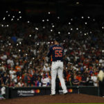 
              Houston Astros relief pitcher Ryan Pressly works during the ninth inning in Game 2 of baseball's World Series between the Houston Astros and the Philadelphia Phillies on Saturday, Oct. 29, 2022, in Houston. (AP Photo/David J. Phillip)
            