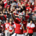 
              Ohio State quarterback C.J. Stroud throws a pass against Iowa during the second half of an NCAA college football game Saturday, Oct. 22, 2022, in Columbus, Ohio. (AP Photo/Jay LaPrete)
            