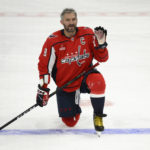 
              Washington Capitals left wing Alex Ovechkin waves from the ice during warmups for the team's NHL preseason hockey game against the Columbus Blue Jackets, Saturday, Oct. 8, 2022, in Washington. (AP Photo/Nick Wass)
            