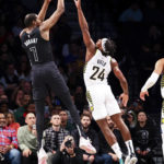
              Brooklyn Nets forward Kevin Durant (7) shoots against Indiana Pacers guard Buddy Hield (24) during the first half of an NBA basketball game Monday, Oct. 31, 2022, in New York. (AP Photo/Jessie Alcheh)
            