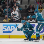 
              San Jose Sharks center Nico Sturm (7) celebrates after scoring against the Vegas Golden Knights during the second period of an NHL hockey game in San Jose, Calif., Tuesday, Oct. 25, 2022. (AP Photo/Godofredo A. Vásquez)
            