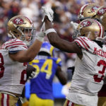
              San Francisco 49ers running back Christian McCaffrey, left, celebrates a touchdown with wide receiver Ray-Ray McCloud III during the second half of an NFL football game against the Los Angeles Rams Sunday, Oct. 30, 2022, in Inglewood, Calif. (AP Photo/Ashley Landis)
            
