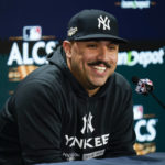 
              New York Yankees starting pitcher Nestor Cortes talks to reporters during a baseball news conference before Game 3 of an American League Championship Series against the Houston Astros at Yankee Stadium, Saturday, Oct. 22, 2022, in New York. (AP Photo/Seth Wenig)
            