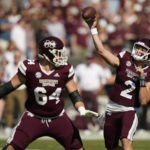 
              Mississippi State quarterback Will Rogers (2) throws behind the block of offensive lineman Steven Losoya III (64) during the first half of an NCAA college football game  against Arkansas in Starkville, Miss., Saturday, Oct. 8, 2022. (AP Photo/Rogelio V. Solis)
            
