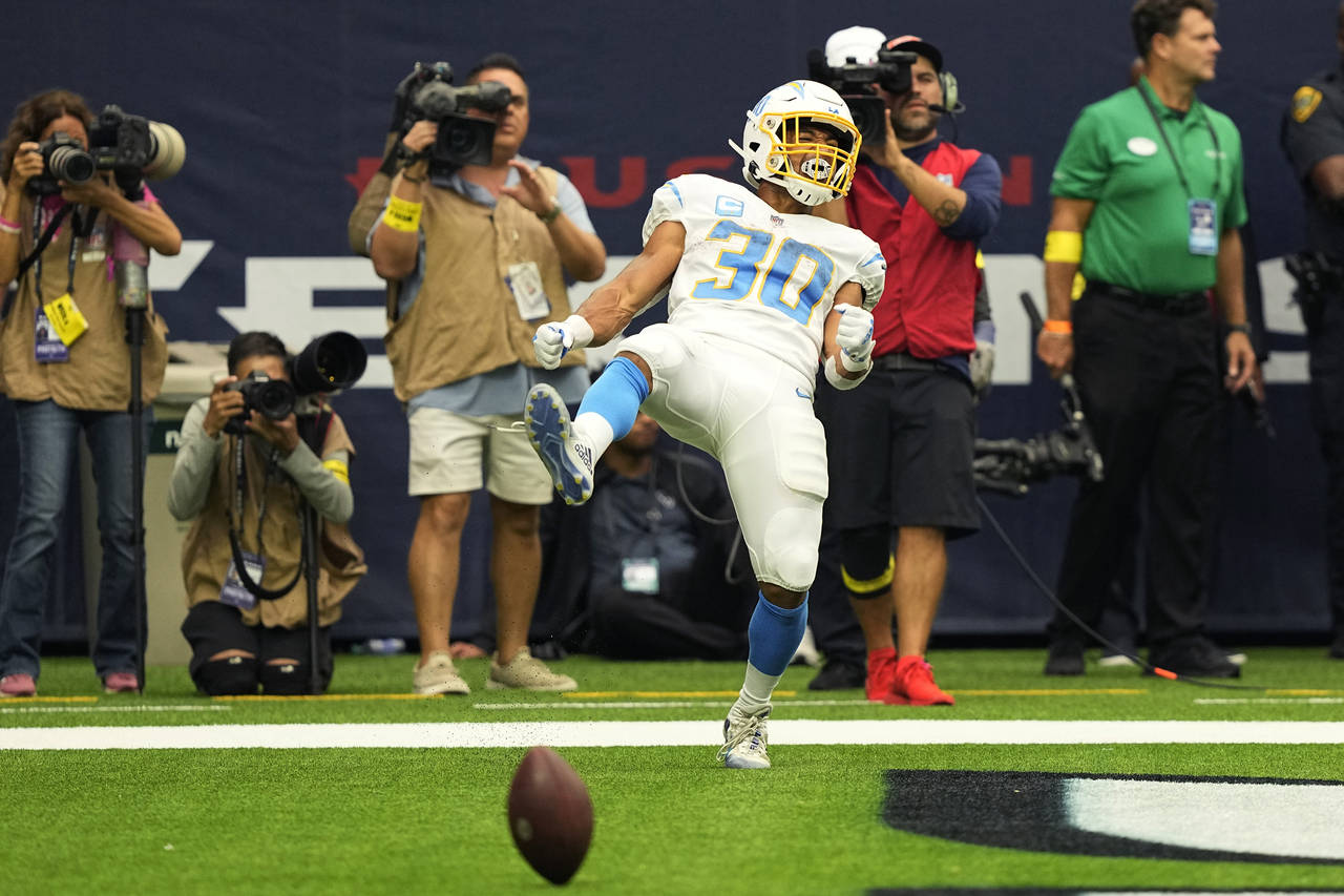 Los Angeles Chargers running back Austin Ekeler (30) after scoring a touchdown against the Houston ...
