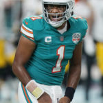 
              Miami Dolphins quarterback Tua Tagovailoa (1) reacts before a snap during the second half of an NFL football game against the Pittsburgh Steelers, Sunday, Oct. 23, 2022, in Miami Gardens, Fla. (AP Photo/Wilfredo Lee )
            