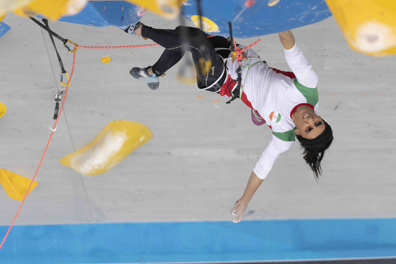 Iranian athlete Elnaz Rekabi competes during the women's Boulder & Lead final during the IFSC Climb...