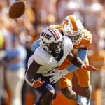 
              Tennessee defensive back Wesley Walker (13) causes Tennessee Martin running back Sam Franklin (2) to fumble during the first half of an NCAA college football game Saturday, Oct. 22, 2022, in Knoxville, Tenn. (AP Photo/Wade Payne)
            