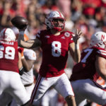 
              Nebraska quarterback Logan Smothers (8) passes against Illinois during the first half of an NCAA college football game Saturday, Oct. 29, 2022, in Lincoln, Neb. (AP Photo/Rebecca S. Gratz)
            
