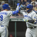
              Kansas City Royals' Vinnie Pasquantino congratulates Salvador Perez after his solo home run off Cleveland Guardians relief pitcher Kirk McCarty during the seventh inning of a baseball game in Cleveland, Saturday, Oct. 1, 2022. (AP Photo/Phil Long)
            