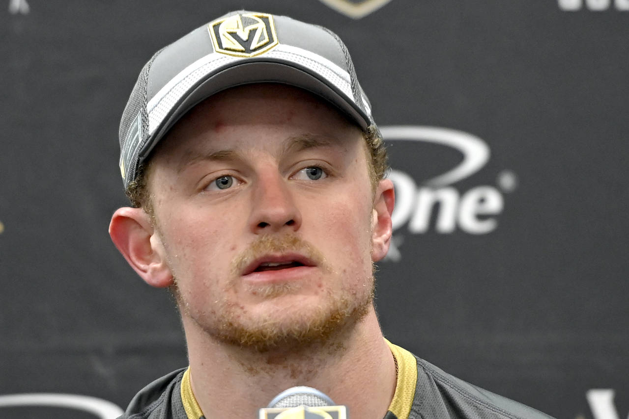 FILE - Vegas Golden Knights center Jack Eichel speaks during a news conference after an NHL hockey ...