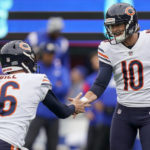 
              Chicago Bears place kicker Michael Badgley (10) celebrates with Chicago Bears punter Trenton Gill after kicking a field goal against the New York Giants of an NFL football game, Sunday, Oct. 2, 2022, in East Rutherford, N.J. (AP Photo/John Minchillo)
            