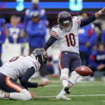 
              Chicago Bears place kicker Michael Badgley (10) kicks a field goal against the New York Giants during the first quarter of an NFL football game, Sunday, Oct. 2, 2022, in East Rutherford, N.J. (AP Photo/John Minchillo)
            