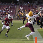 
              Arizona State wide receiver Elijhah Badger (2) cannot catch a pass in bounds in front of Stanford cornerback Kyu Blu Kelly (17) during the second half of an NCAA college football game in Stanford, Calif., Saturday, Oct. 22, 2022. (AP Photo/Jeff Chiu)
            