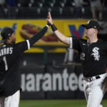 
              Chicago White Sox's Elvis Andrus (1) and Gavin Sheets celebrate the team's 8-3 win over the Minnesota Twins in  a baseball game Tuesday, Oct. 4, 2022, in Chicago. (AP Photo/Charles Rex Arbogast)
            