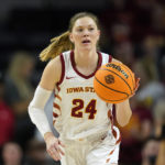 
              FILE - Iowa State guard Ashley Joens drives up court during the second half of a second-round game against Georgia in the NCAA women's college basketball tournament, Sunday, March 20, 2022, in Ames, Iowa. Joens was named to the women's Associated Press preseason All-America team, Tuesday, Oct. 25, 2022.(AP Photo/Charlie Neibergall, File)
            