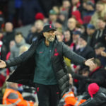 
              Liverpool's manager Jurgen Klopp reacts during the English Premier League soccer match between Liverpool and Manchester City at Anfield stadium in Liverpool, Sunday, Oct. 16, 2022. (AP Photo/Jon Super)
            