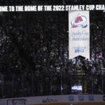 
              The Colorado Avalanche lift the championship banner into the arena rafters before the team's NHL hockey game against the Chicago Blackhawks on Wednesday, Oct. 12, 2022, in Denver. (AP Photo/Jack Dempsey)
            